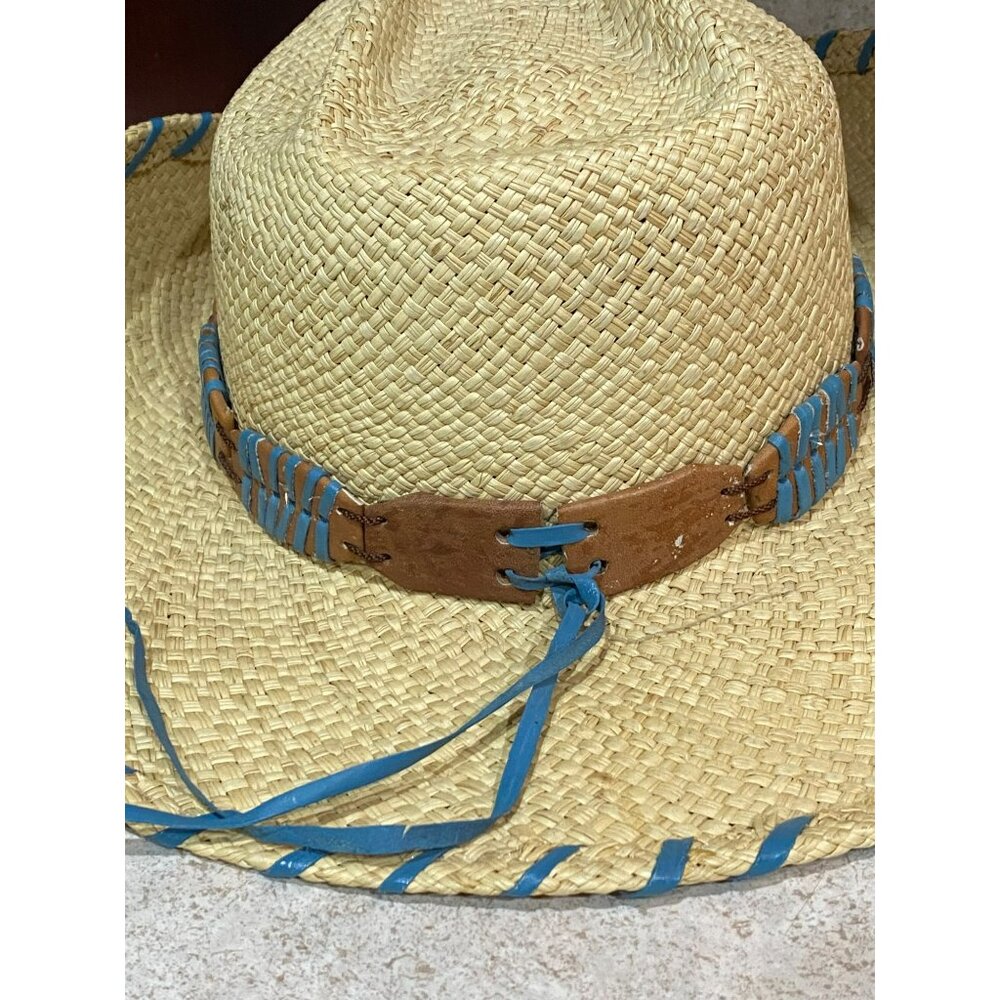 Bullhide Del Mar Straw Cowboy Hat W/Turquoise Accent & Leather Trimmed Band West - Picture 5 of 9